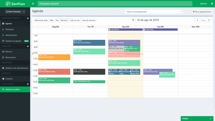 ZenFisio - Agenda com visualização semanal e status de agendamento personalizados.