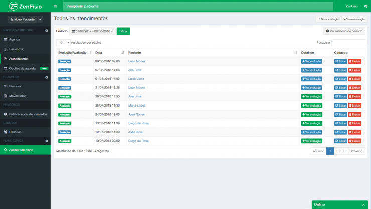 ZenFisio - Todos os atendimentos: avaliações e evoluções